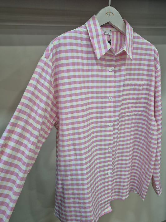 Chemise femme ample à carreaux rose – coton & viscose, style chic casual
