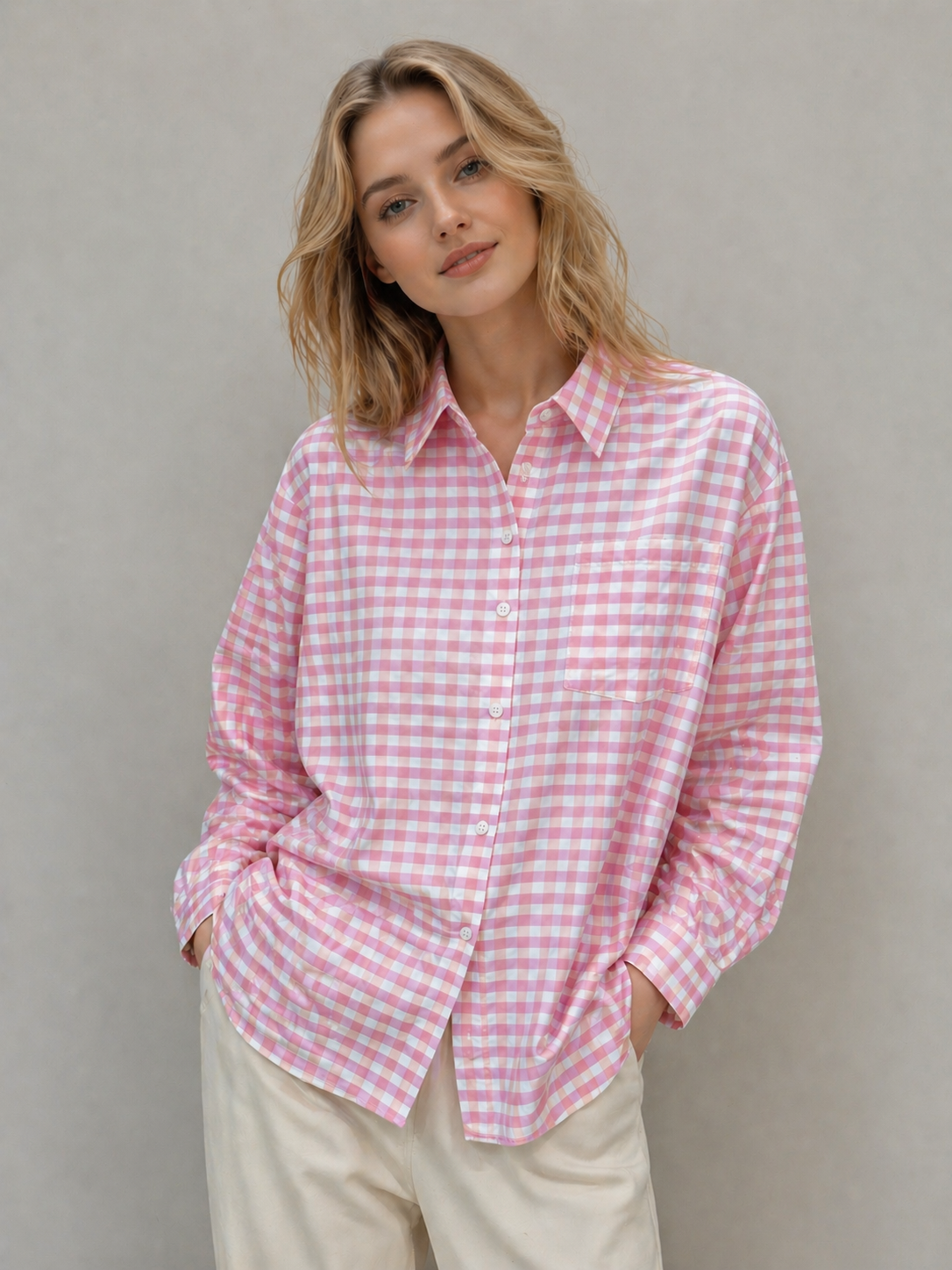 Chemise femme ample à carreaux rose – coton & viscose, style chic casual