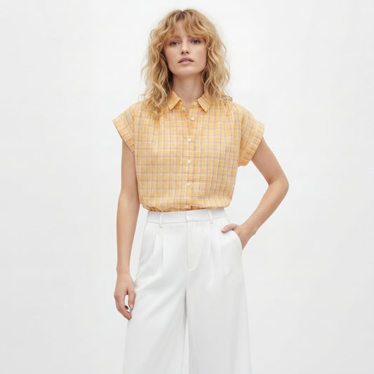 Chemisier Femme à Carreaux 100% Coton – Coupe Ample Décontractée Jaune | Tailles S à L