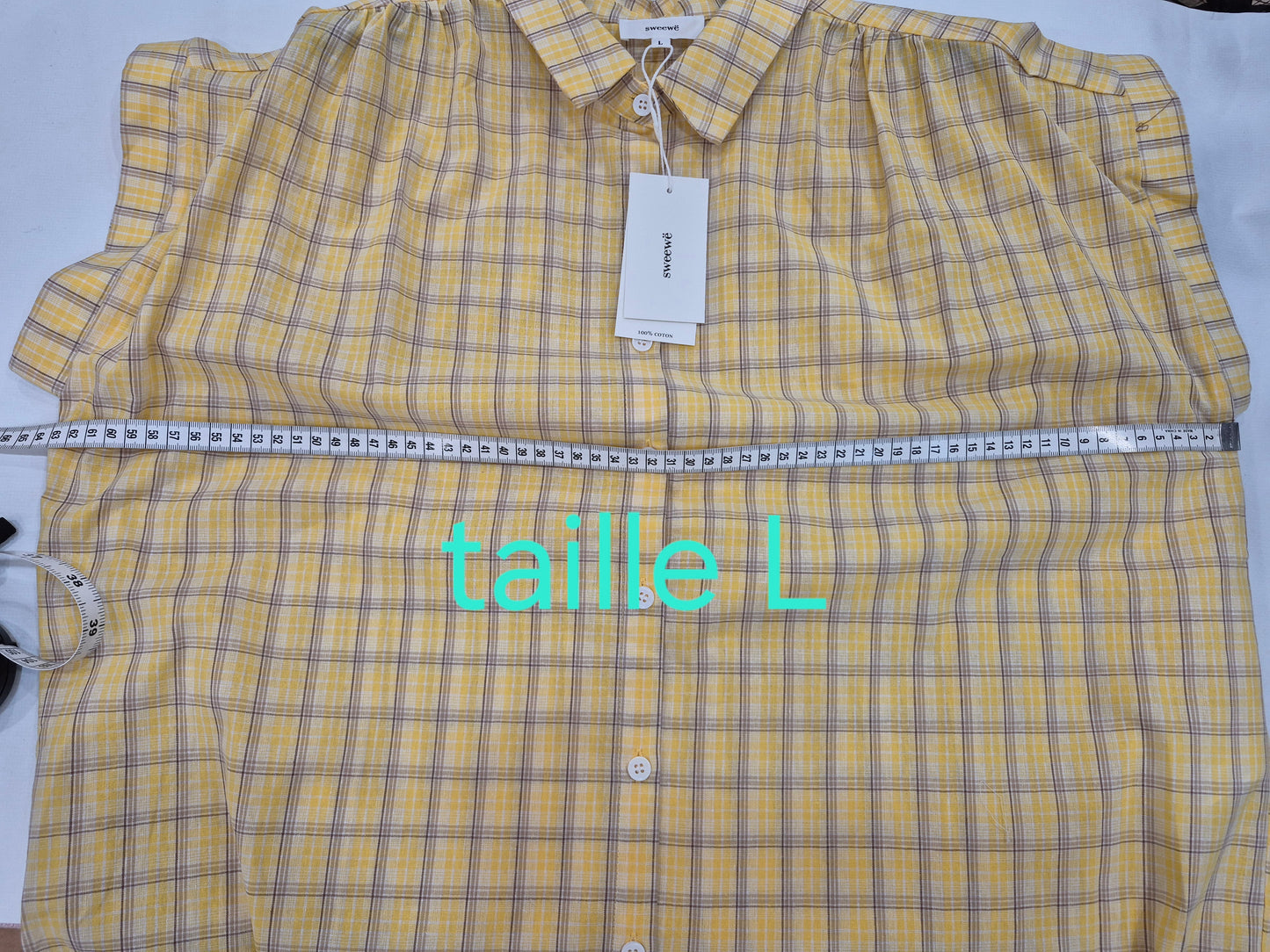 Chemisier Femme à Carreaux 100% Coton – Coupe Ample Décontractée Jaune | Tailles S à L