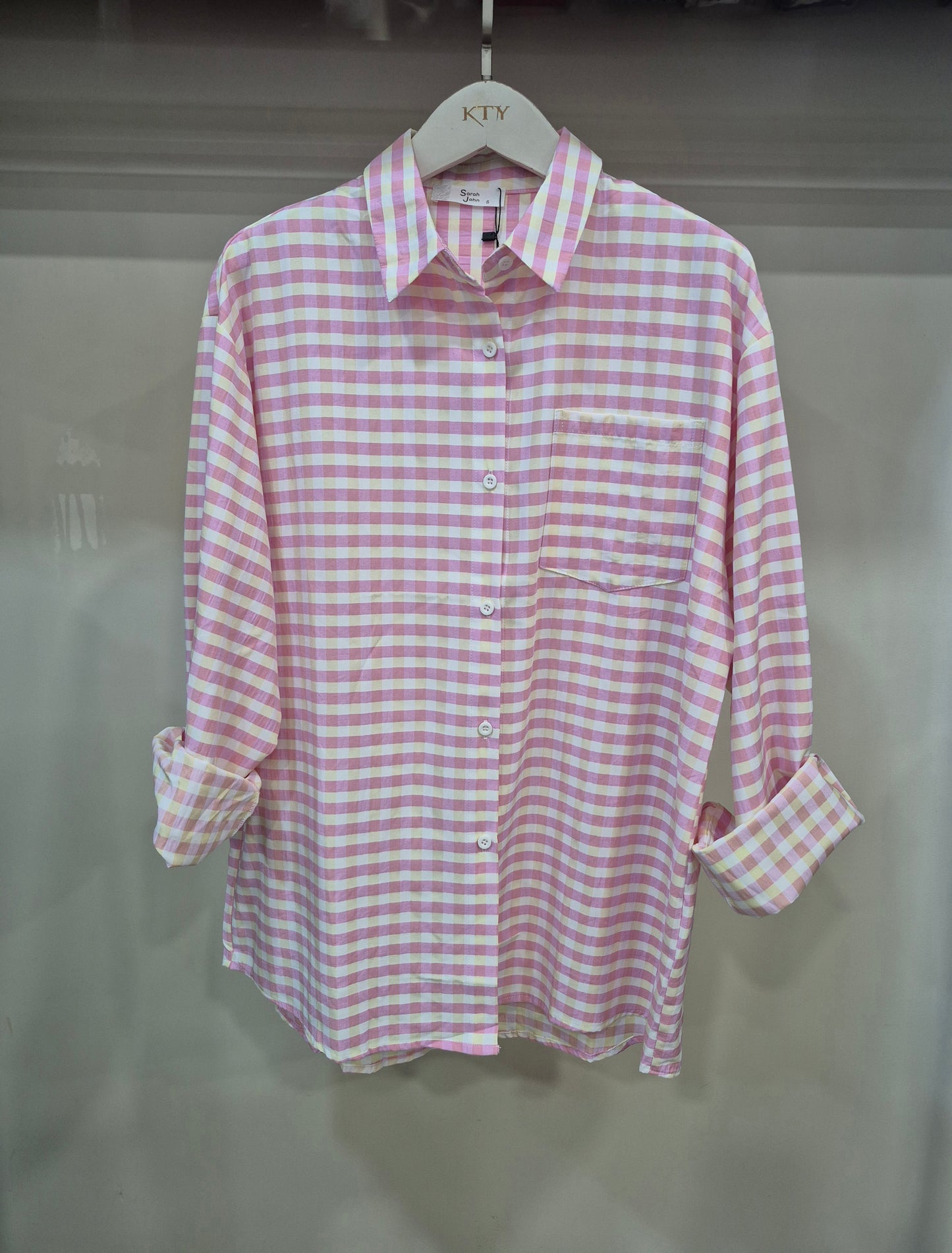 Chemise femme ample à carreaux rose – coton & viscose, style chic casual