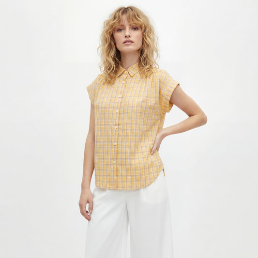 Chemisier Femme à Carreaux 100% Coton – Coupe Ample Décontractée Jaune | Tailles S à L