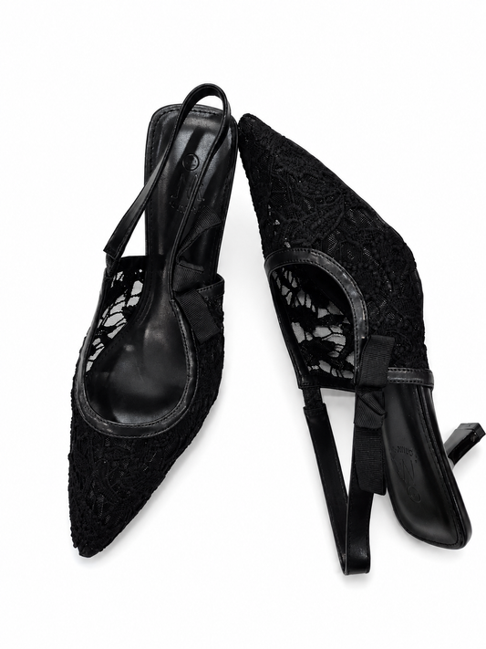 Escarpins Slingback en Dentelle Élégante – Noir & Beige | Talon 6 cm | Tailles 41–44