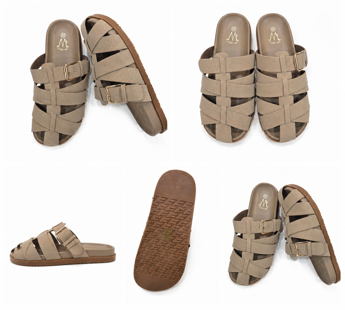 Sandales plates femme  taupe à brides croisées avec boucle dorée (Tailles 36–41)