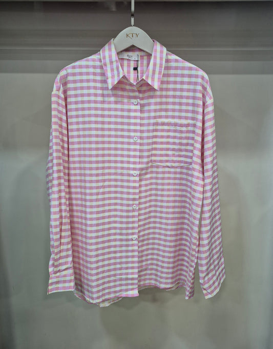 Chemise femme ample à carreaux rose – coton & viscose, style chic casual